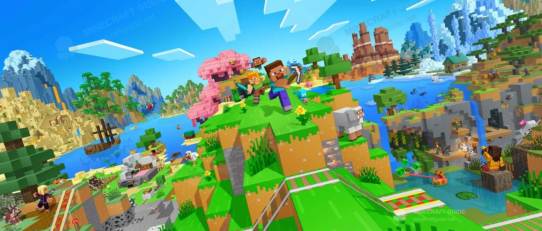 Minecraft promotional artwork with players and mobs across different biomes