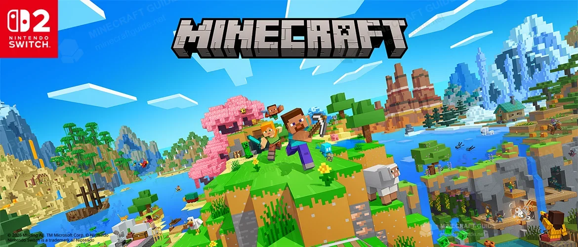 Nintendo Switch 2 logo and the Minecraft title above Steve, Alex and a world made of several biomes