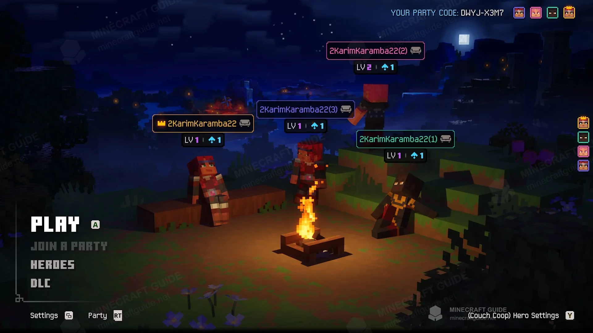 Four heroes around a campfire with the party code at the top right and the Play / Join a Party menu on the left