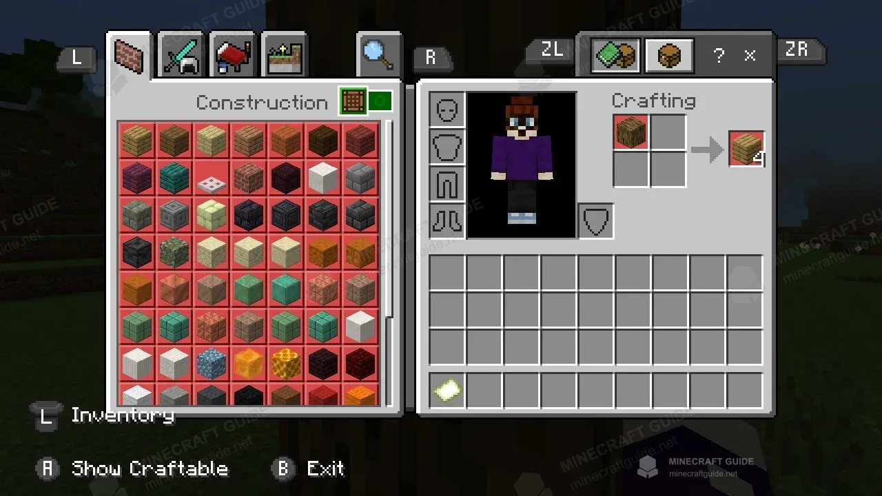 Recipe book on the left and inventory crafting with wood and planks on the right