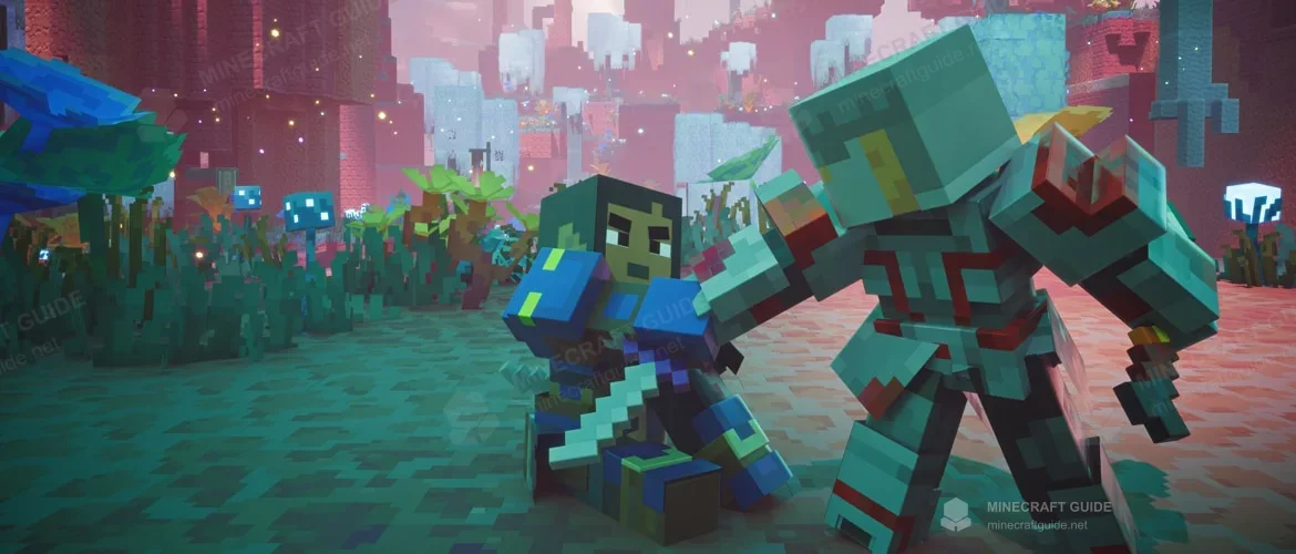 An armored hero and a sword-wielding zombie-like character in a colorful forest with pink trees