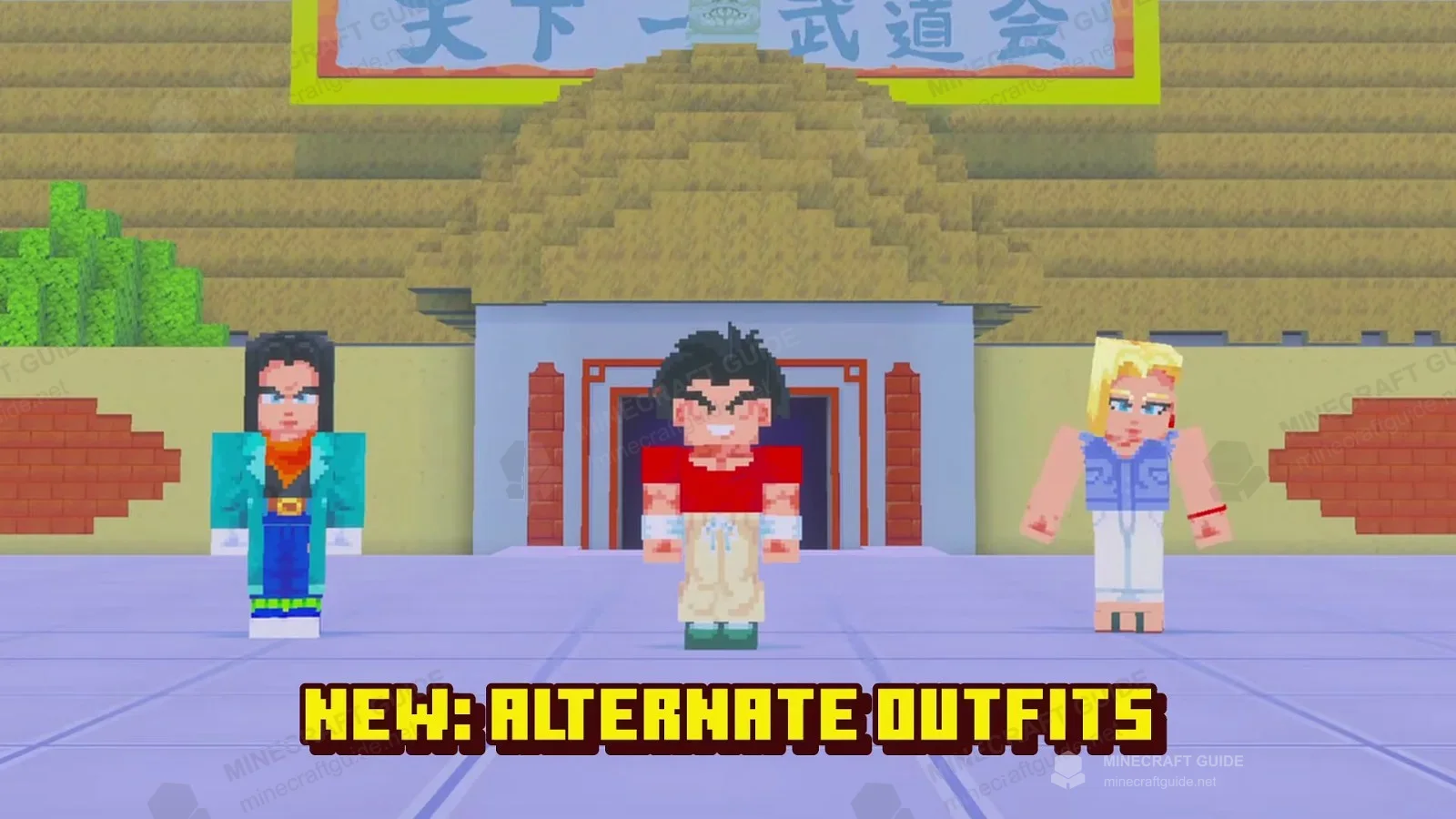 Android 17, Android 18 and a battle-worn fighter in alternate outfits outside the tournament hall, with NEW: ALTERNATE OUTFITS text