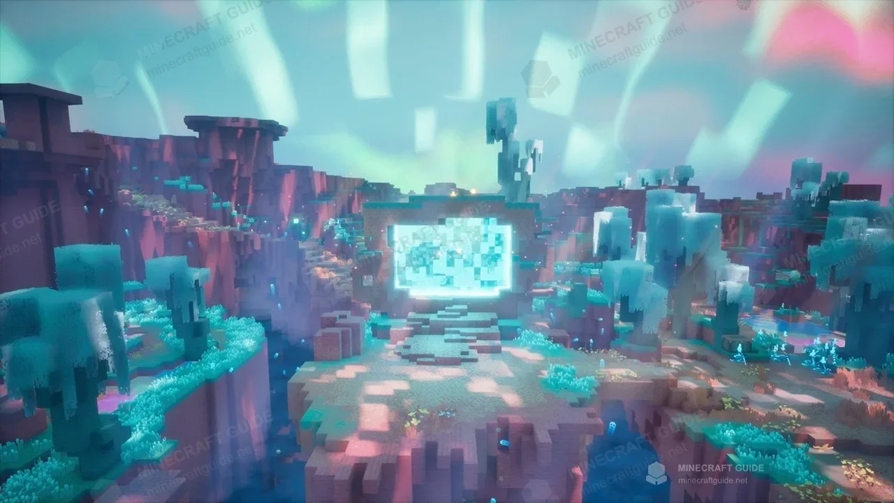 A glowing blue gateway among pink cliffs and turquoise vegetation in Dungeons II promotional footage