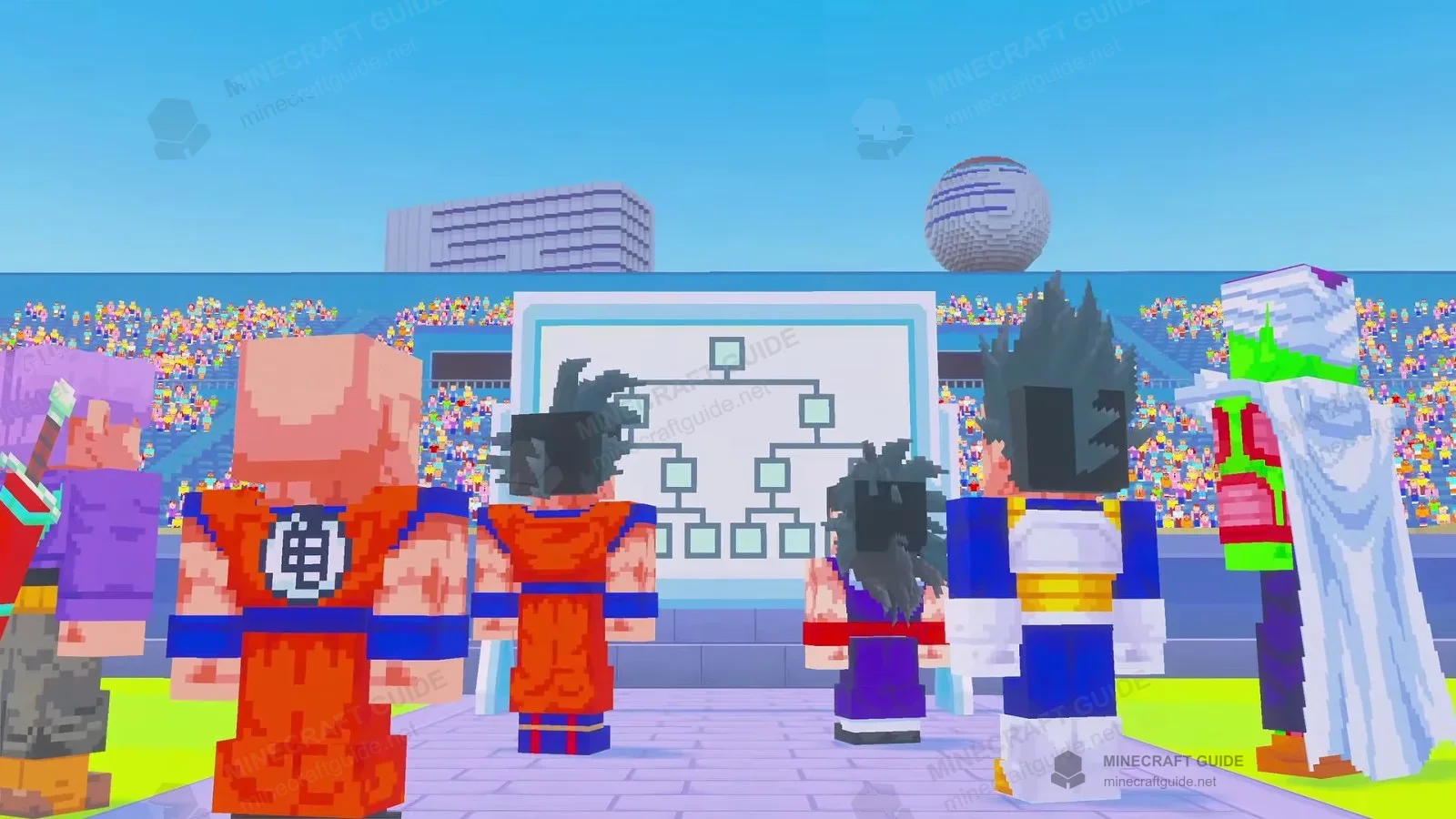 Goku, Vegeta, Piccolo and other fighters in the arena with a big bracket board behind them