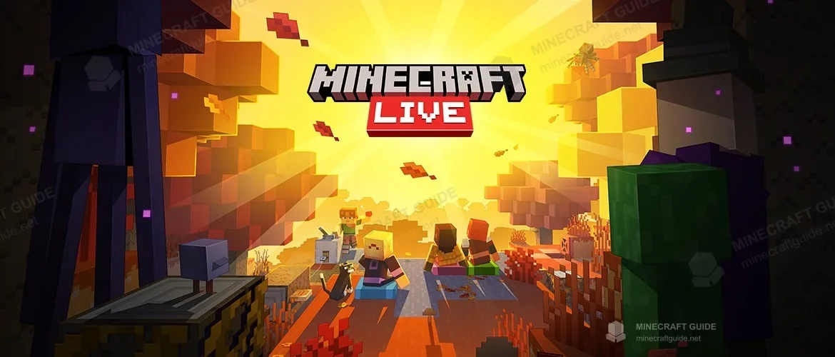 Minecraft Live artwork with players and mobs in an orange-leaved forest