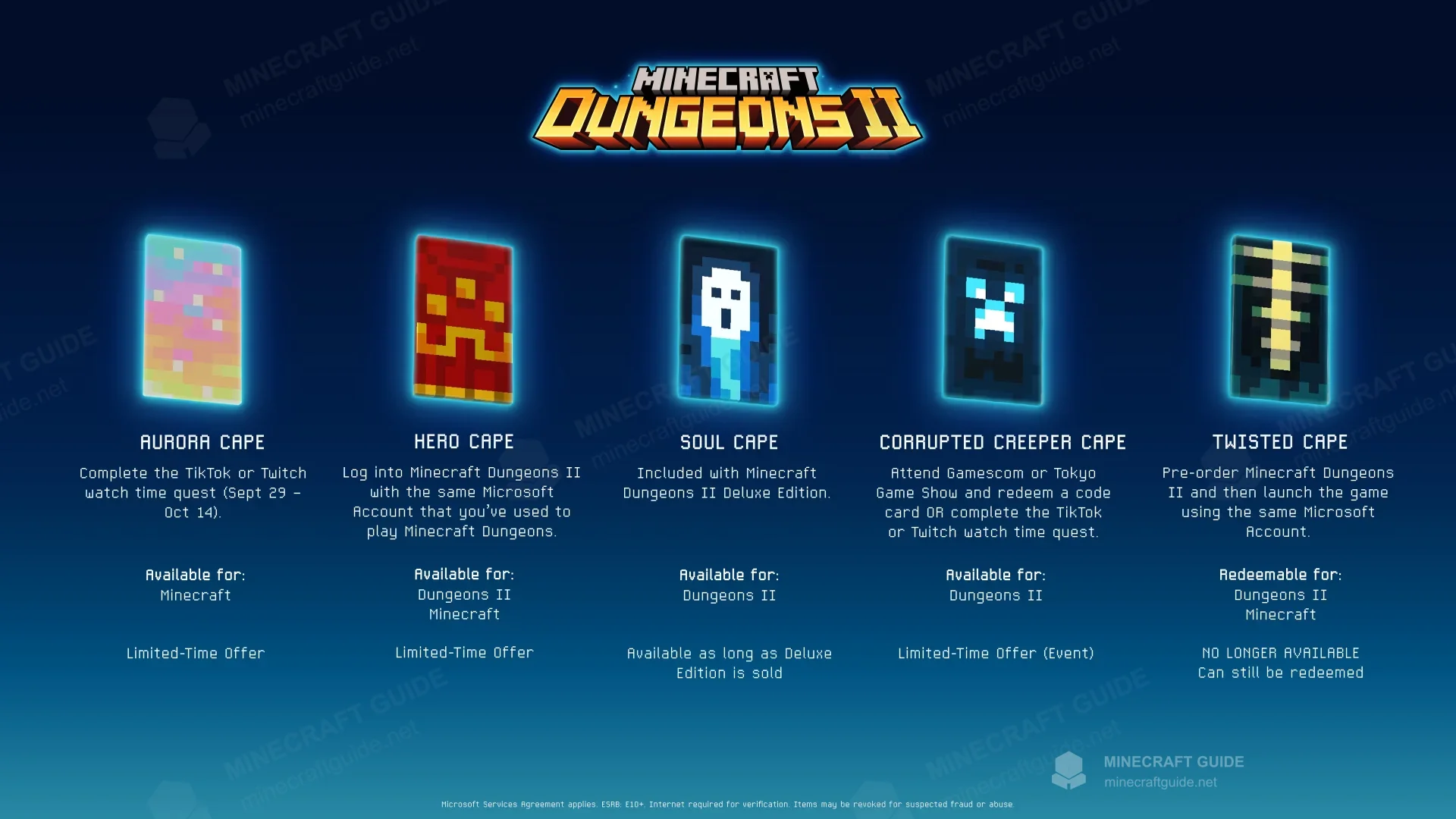 How to get the Aurora, Hero, Soul, Corrupted Creeper and Twisted capes and which games they appear in