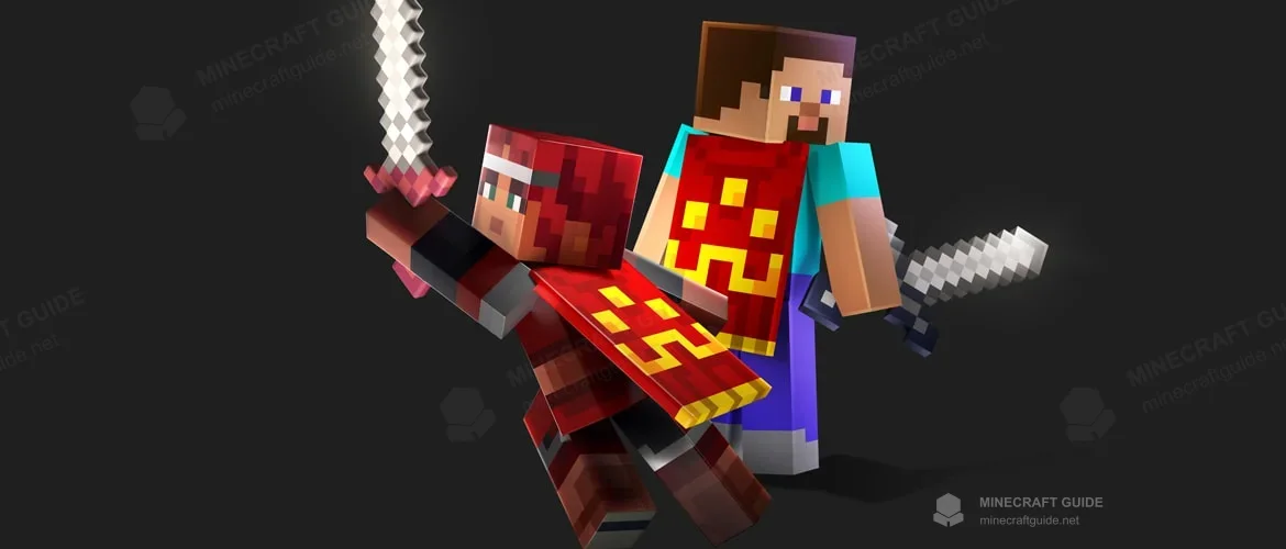 Steve wearing the red and gold Hero Cape next to a Dungeons II hero with a sword