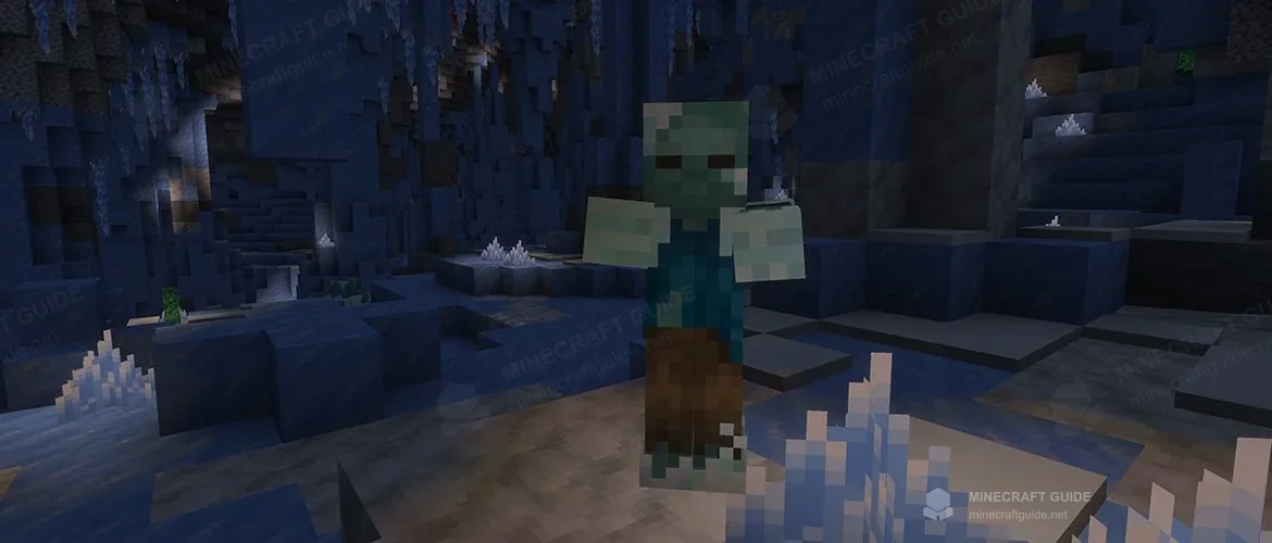 A Frostbite approaching through a dark cave with ice crystals and icicles