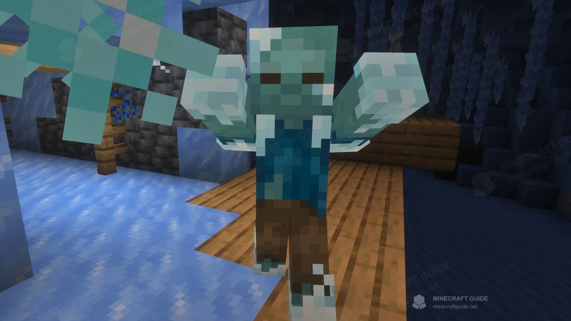 A Frostbite reaching forward on a wooden path inside an icy cave