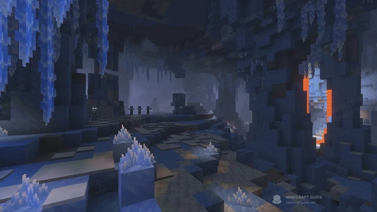 Ice cave with hanging icicles, floor crystals, distant mobs and lava on the right
