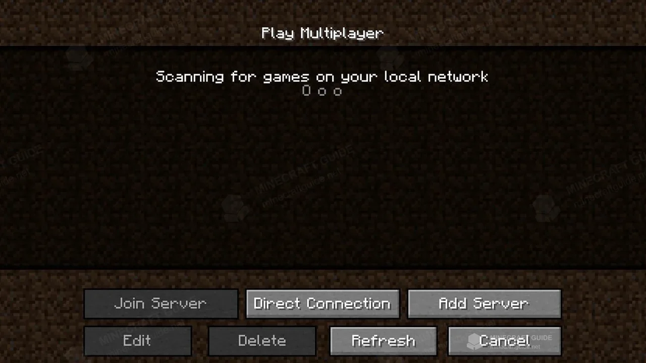Java multiplayer screen showing a local network scan and Direct Connection and Add Server buttons