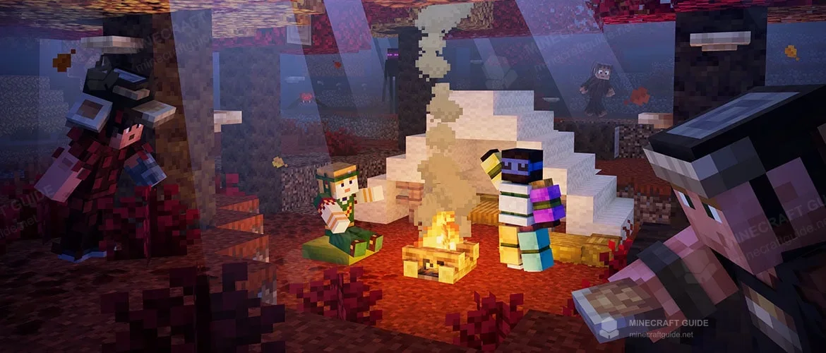 Minecraft players sitting around a campfire with cushions and straw beds