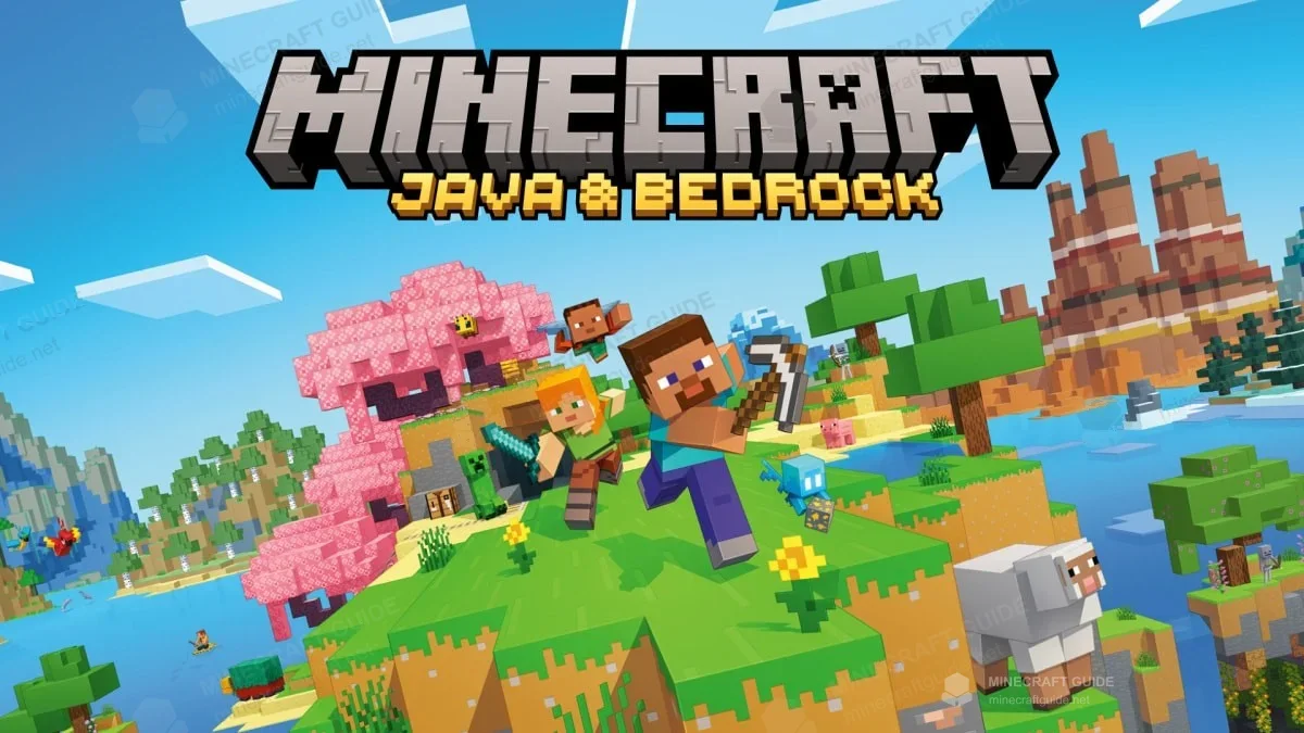 Steve, Alex, cherry trees and animals beneath the Java and Bedrock logo